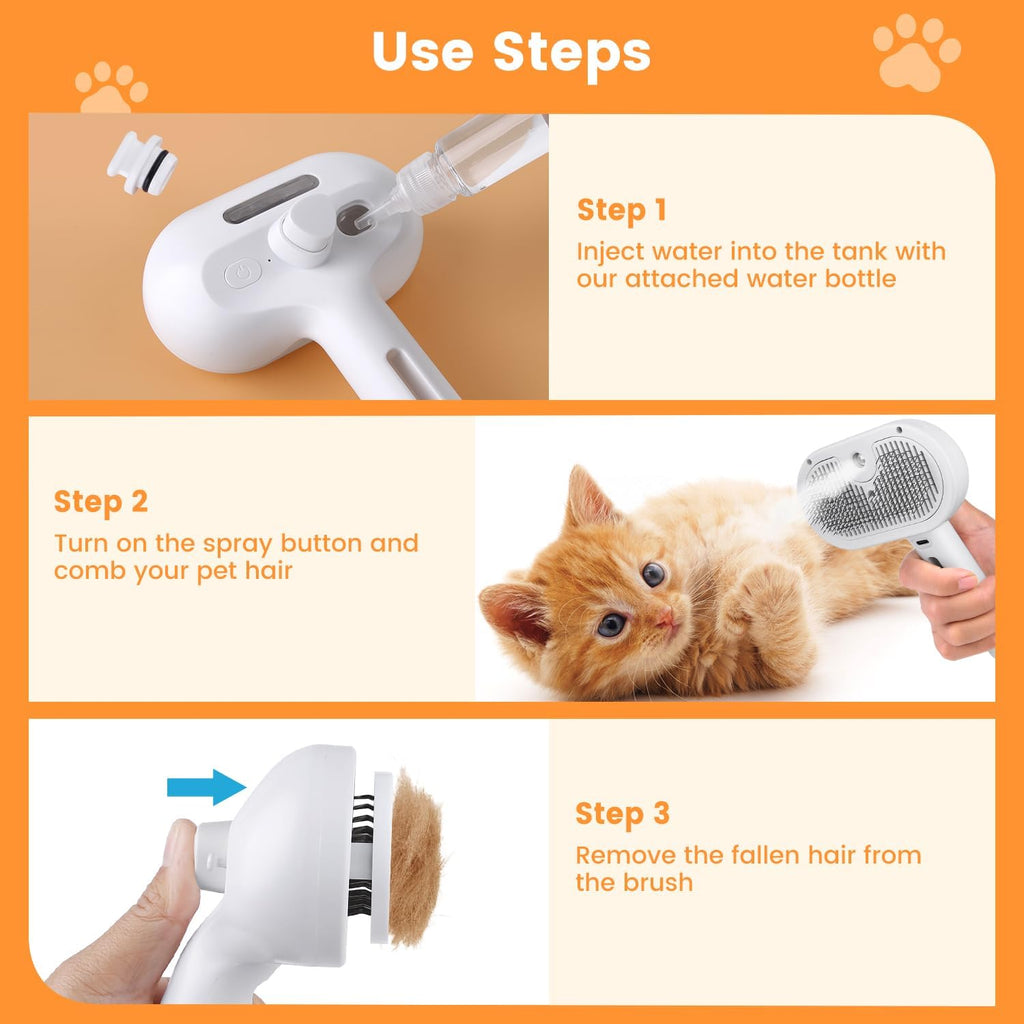 White pet steam spray brush held near a small kitten during grooming