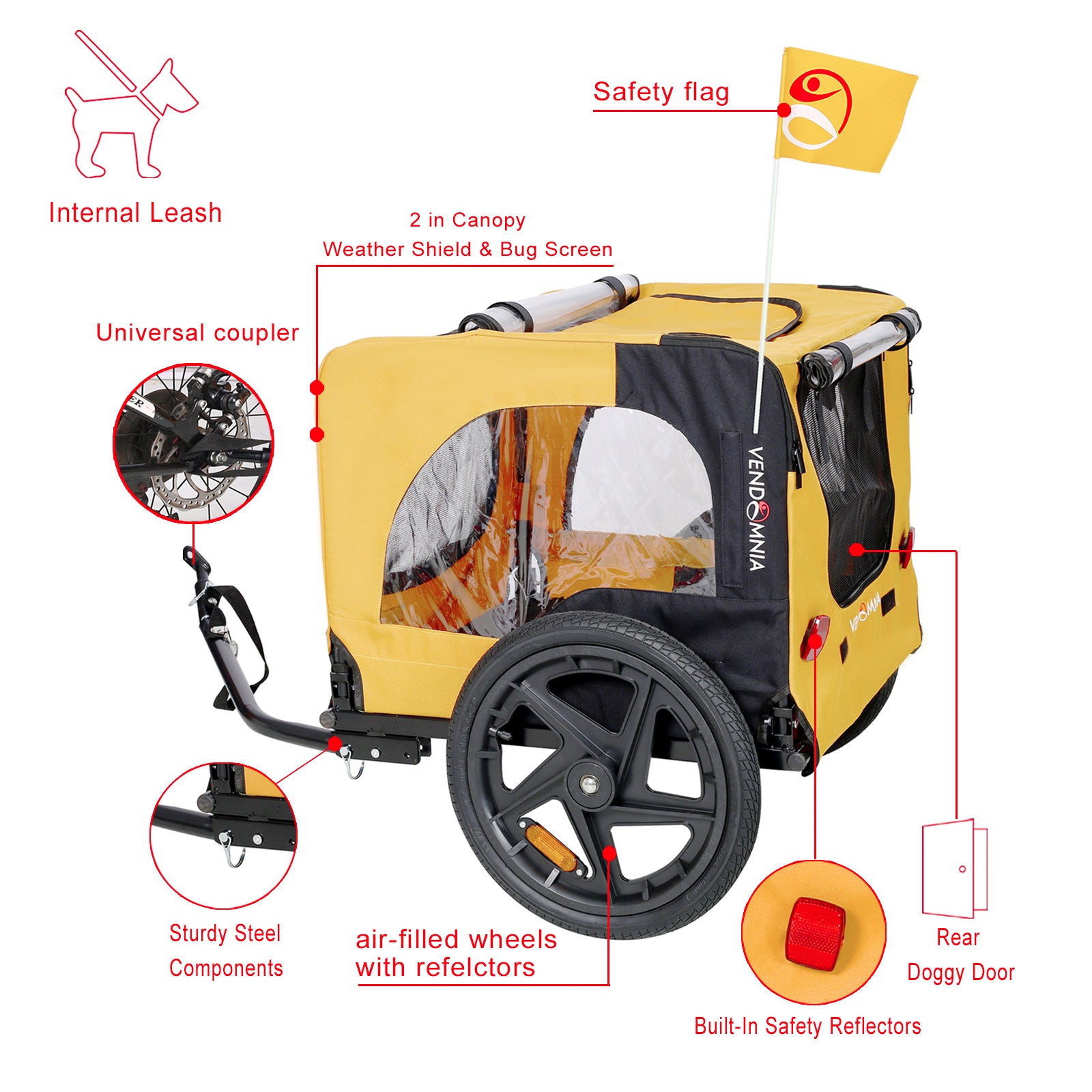 Yellow pet bike trailer with mesh panels, safety flag, and rear doggy door