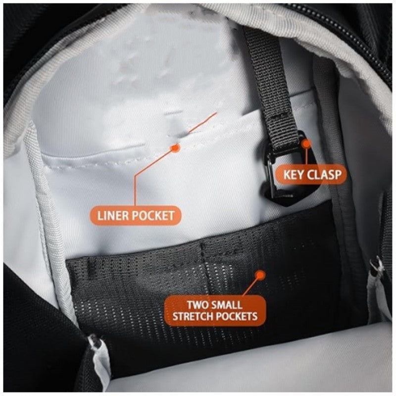 Black bag interior with gray liner pocket and two small stretch pockets
