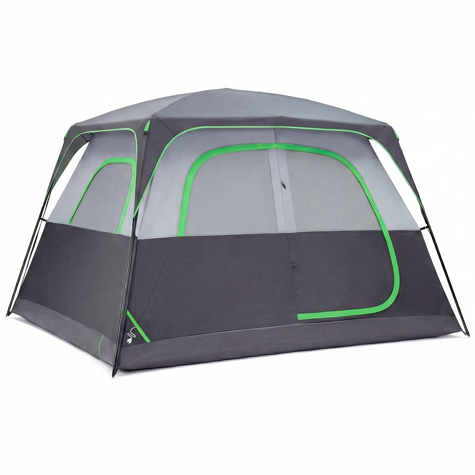 Gray and dark green 6-person camping tent with green-trimmed side doors