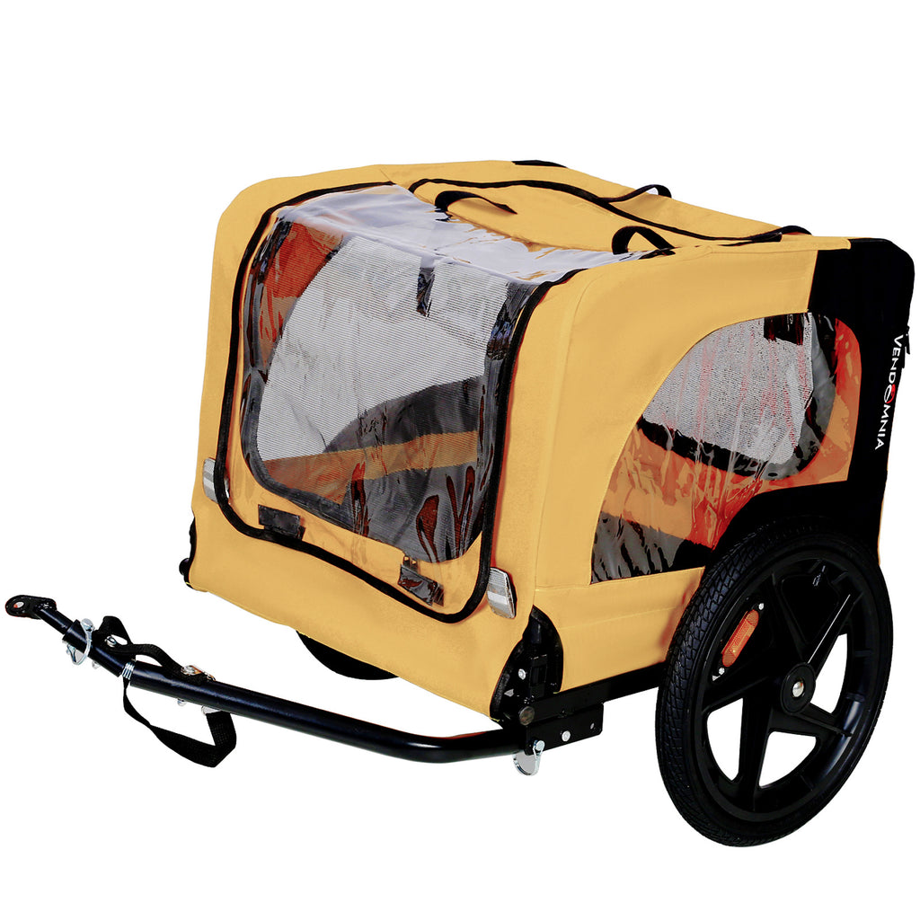 Yellow pet bike trailer with top canopy and front wheel