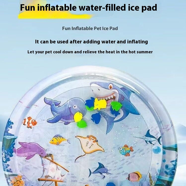 Inflatable pet water cooling bed, blue ocean animal print in a clear round inflatable pad