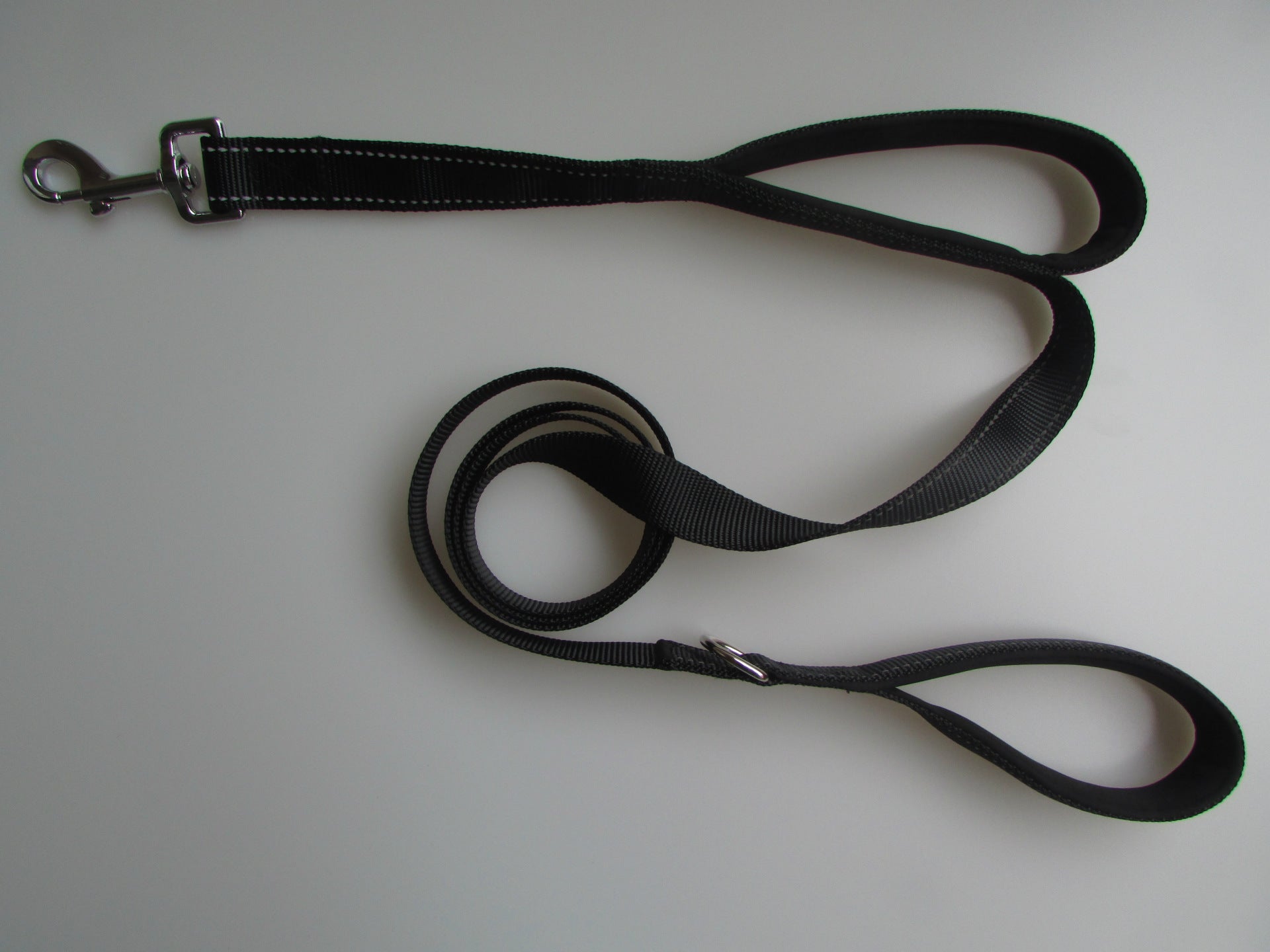 Double-handle dog leash set, dark nylon webbing with loop handles and metal swivels