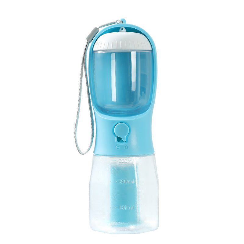 3-in-1 portable pet travel cup with blue body, clear top chamber, wrist strap