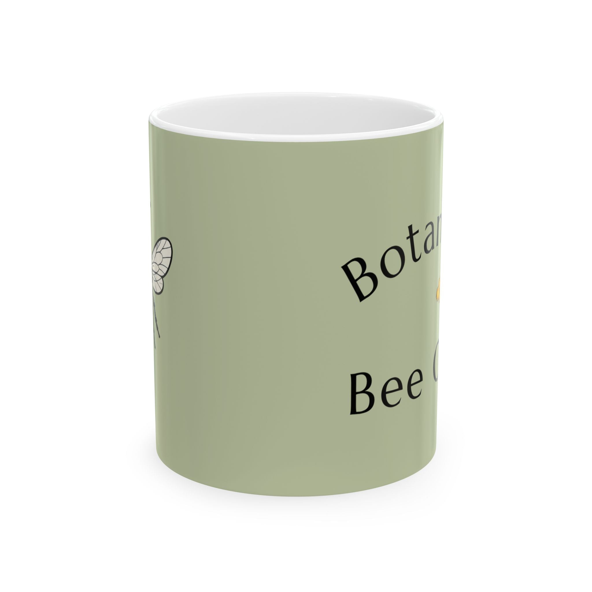 Botanical bee mug, light green with partial 'Botanical' and 'Bee' lettering