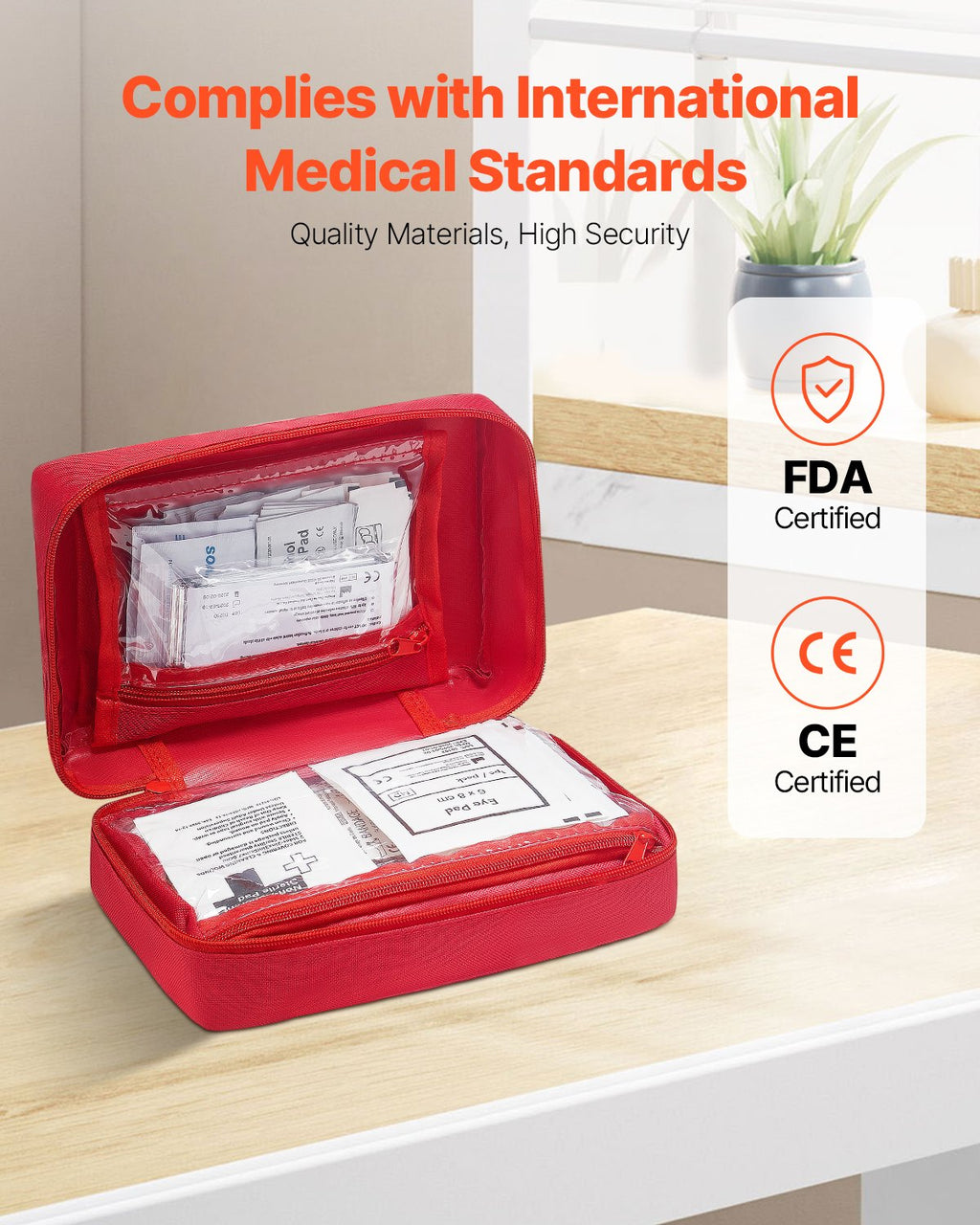Open red first aid kit bag on a tabletop with folded medical documents