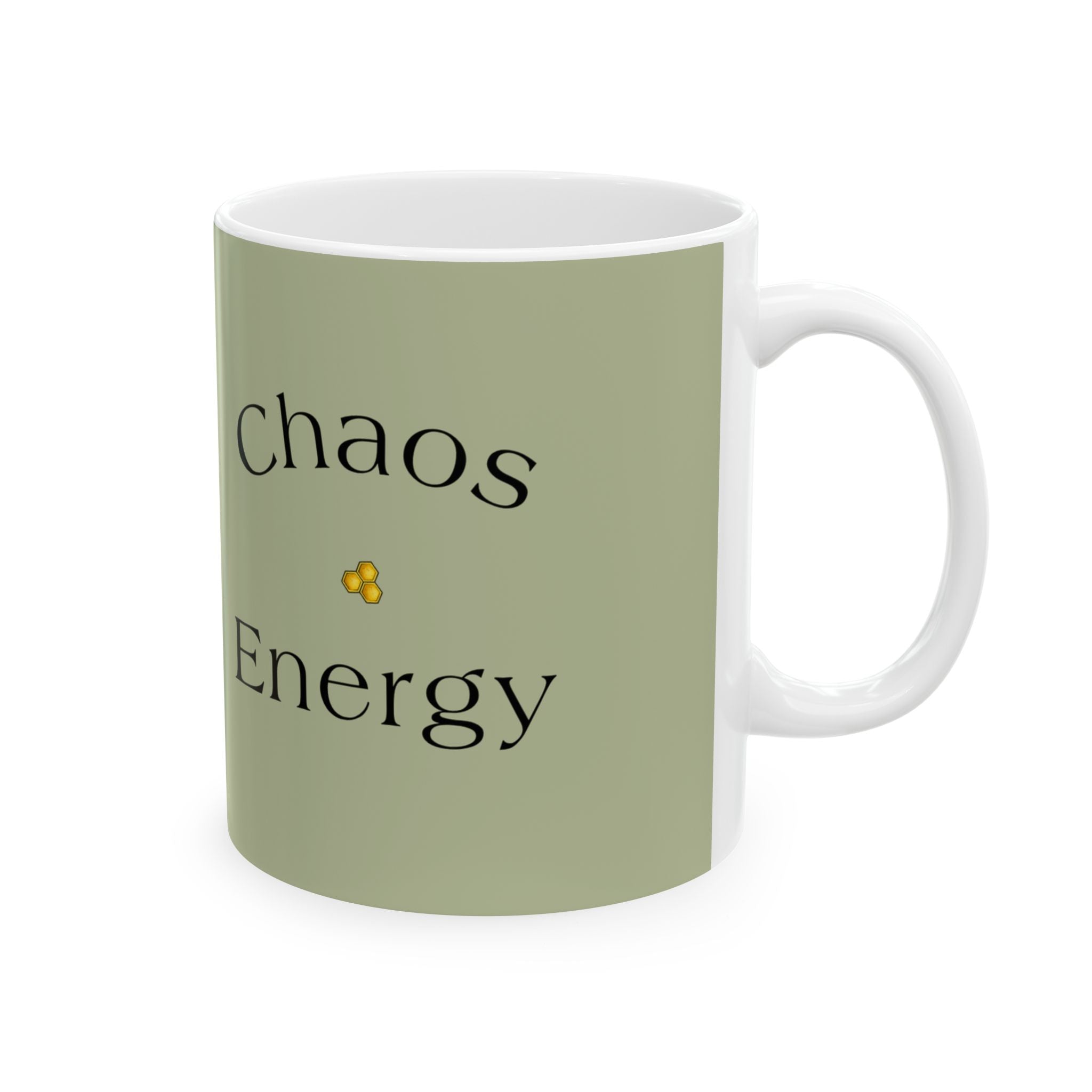 Green ceramic mug with 'Chaos Energy' text and yellow icon