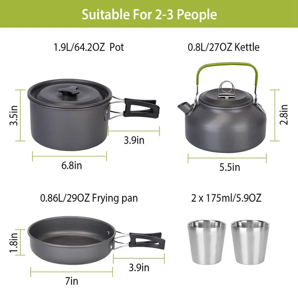 Grey cookware set layout with covered pot, kettle, frying pan, and two metal cups