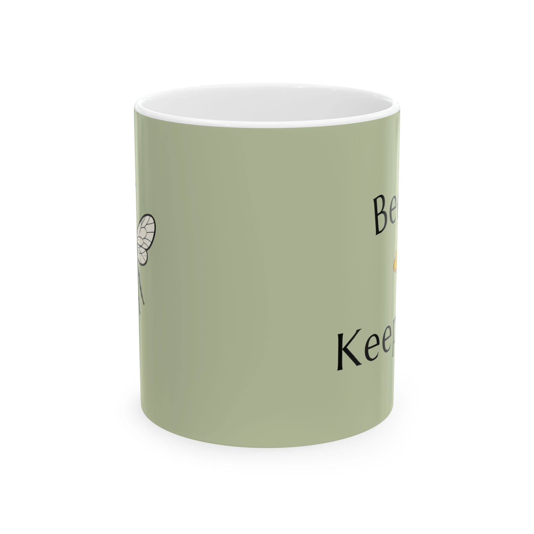 Green bee-themed mug with partial black text and small winged bee icon
