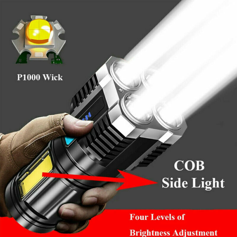 Black tactical flashlight, side light shown; hand grips the body