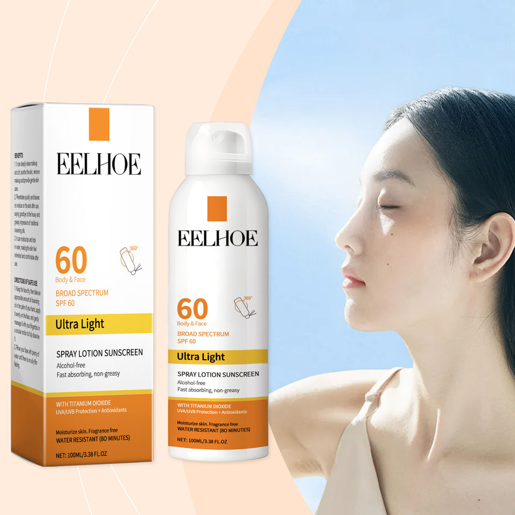 SPF 60 spray lotion sunscreen bottle and box shown with a person applying to skin