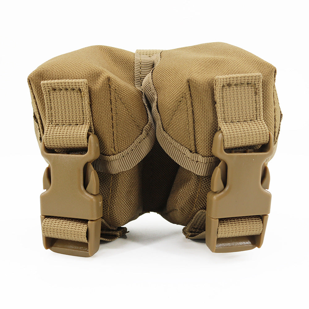 Multi-functional bag in tan canvas fabric with two padded side panels and buckles