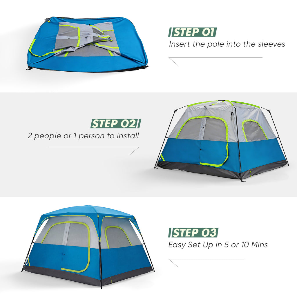 Blue 6-person camping tent with lime-trimmed doors and front mesh window