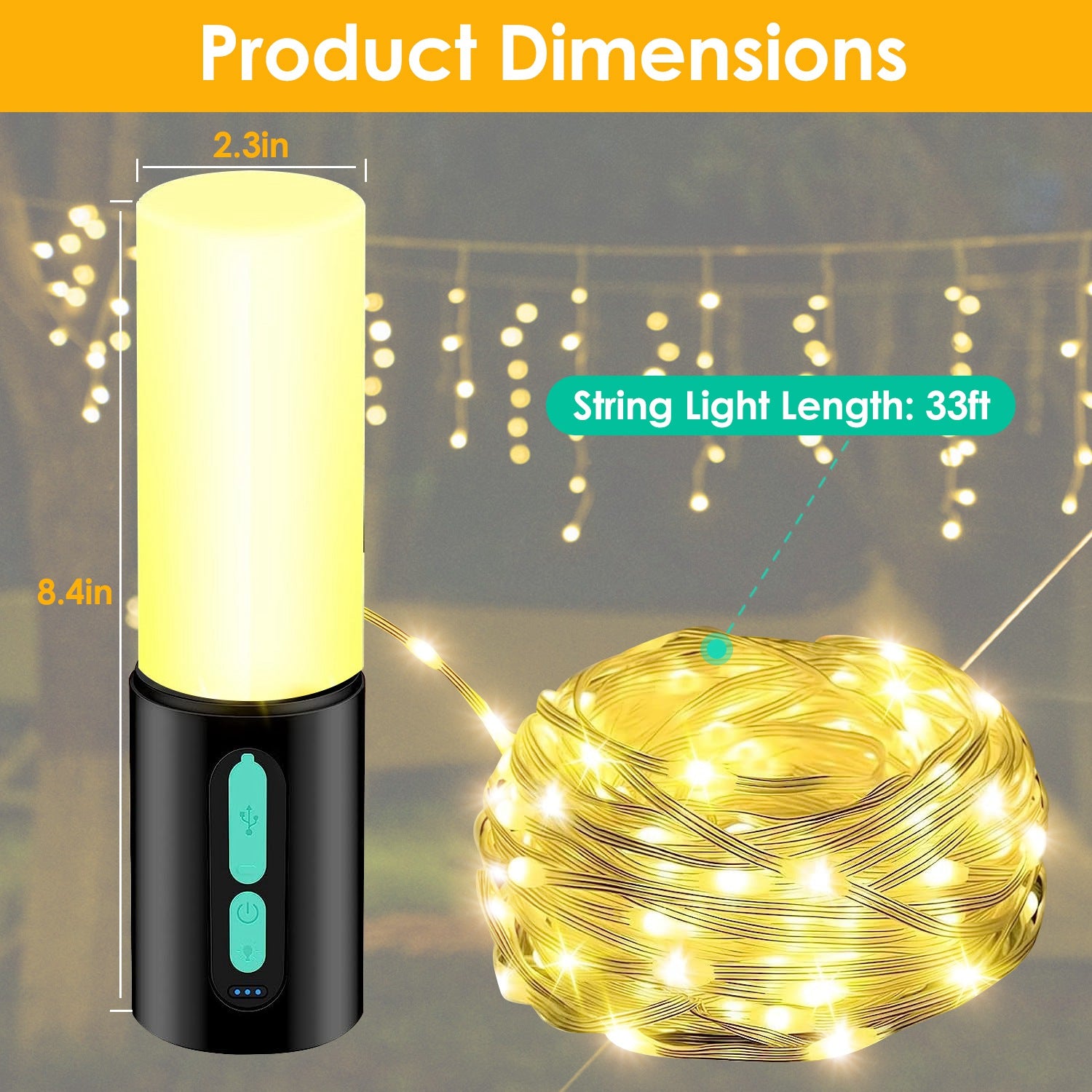 Black camping lantern with warm LED string lights, showing compact dimensions