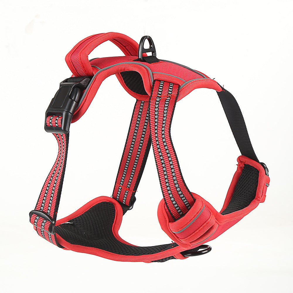 Red no-pull dog harness with reflective white stripe trim and padded chest panel