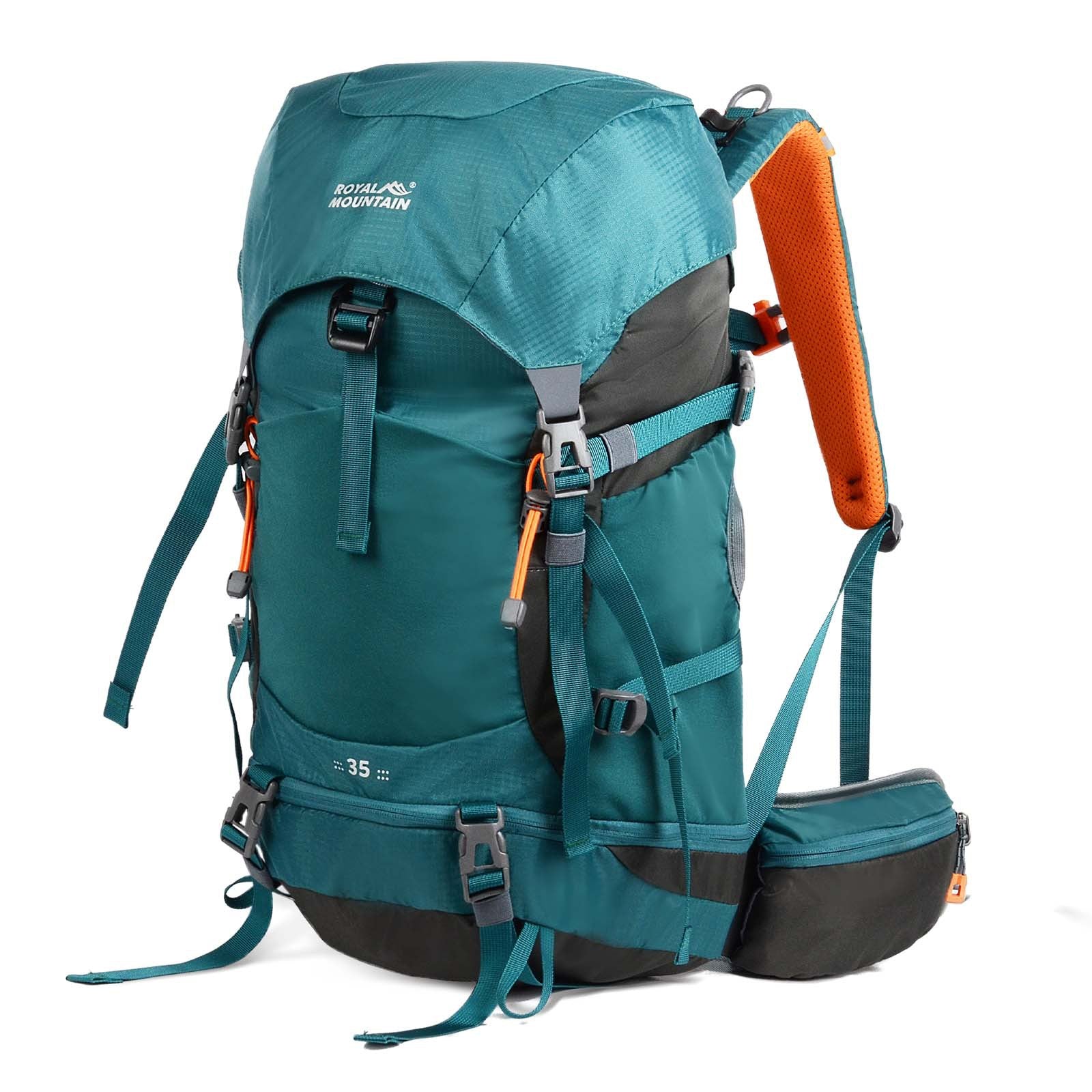 Hiking backpack 35L teal/green with side pocket and orange shoulder handle