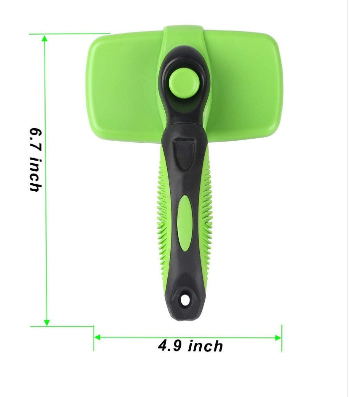 Green self-cleaning pet retractable grooming brush with black comb and cover