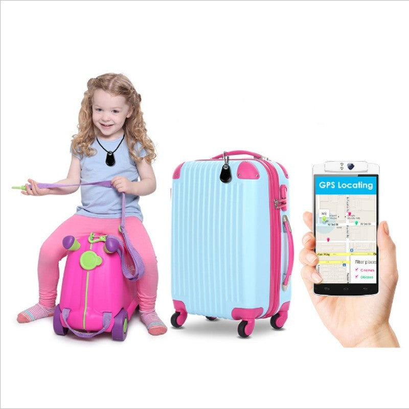 Pink Bluetooth tracker key finder attached to a rolling suitcase