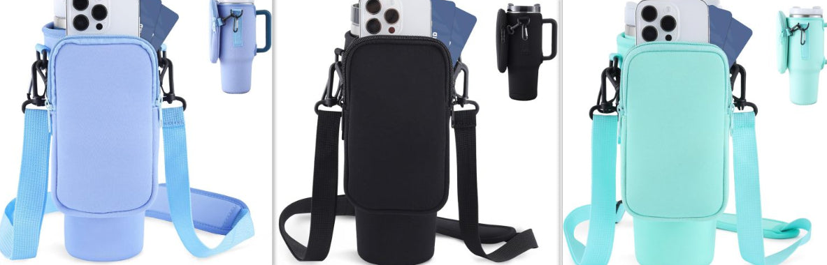 Neoprene tumbler holder bag color options shown: light blue, black, teal