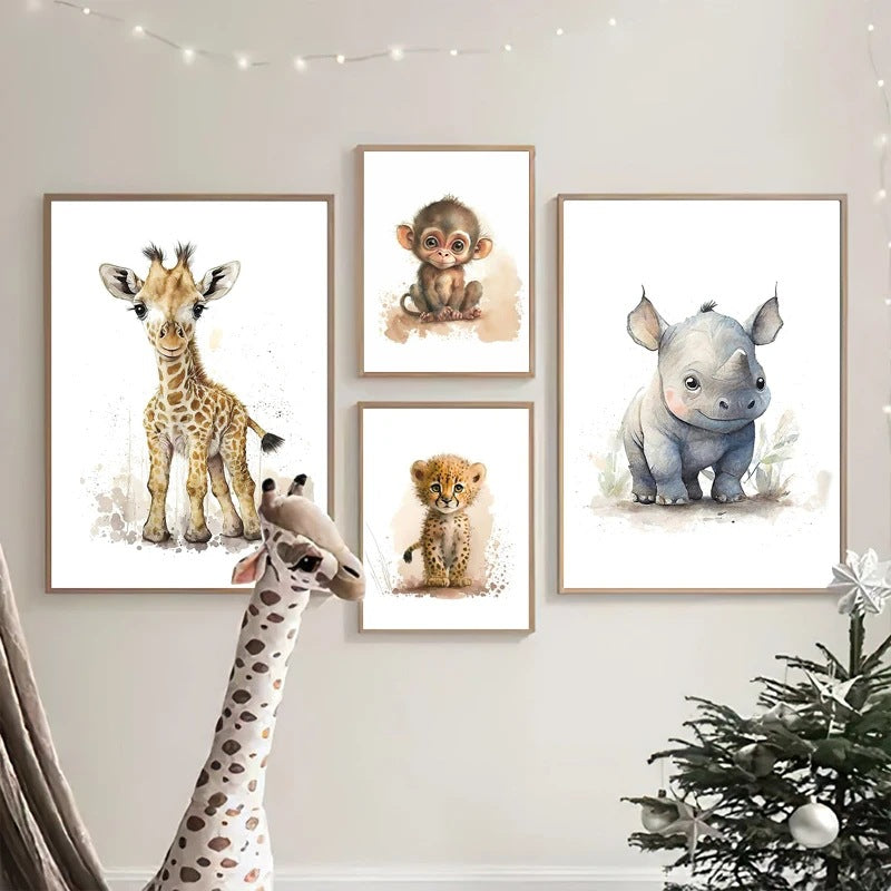 Wall display of framed animal wall art prints with giraffe, monkey, elephant, and lion