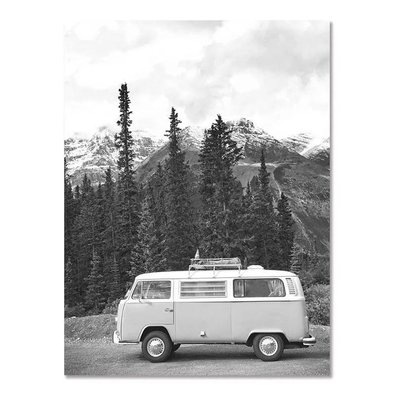 Frameless wall poster featuring a white van in a black-and-white mountain forest scene