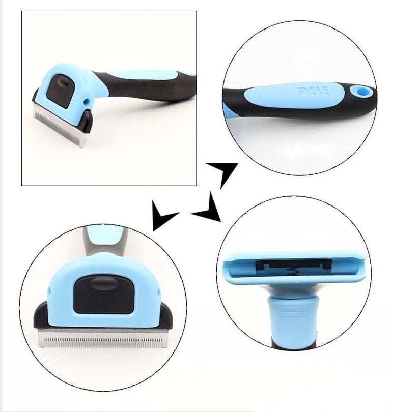 Blue and black deshedding comb, close-up views of handle and grooming head.
