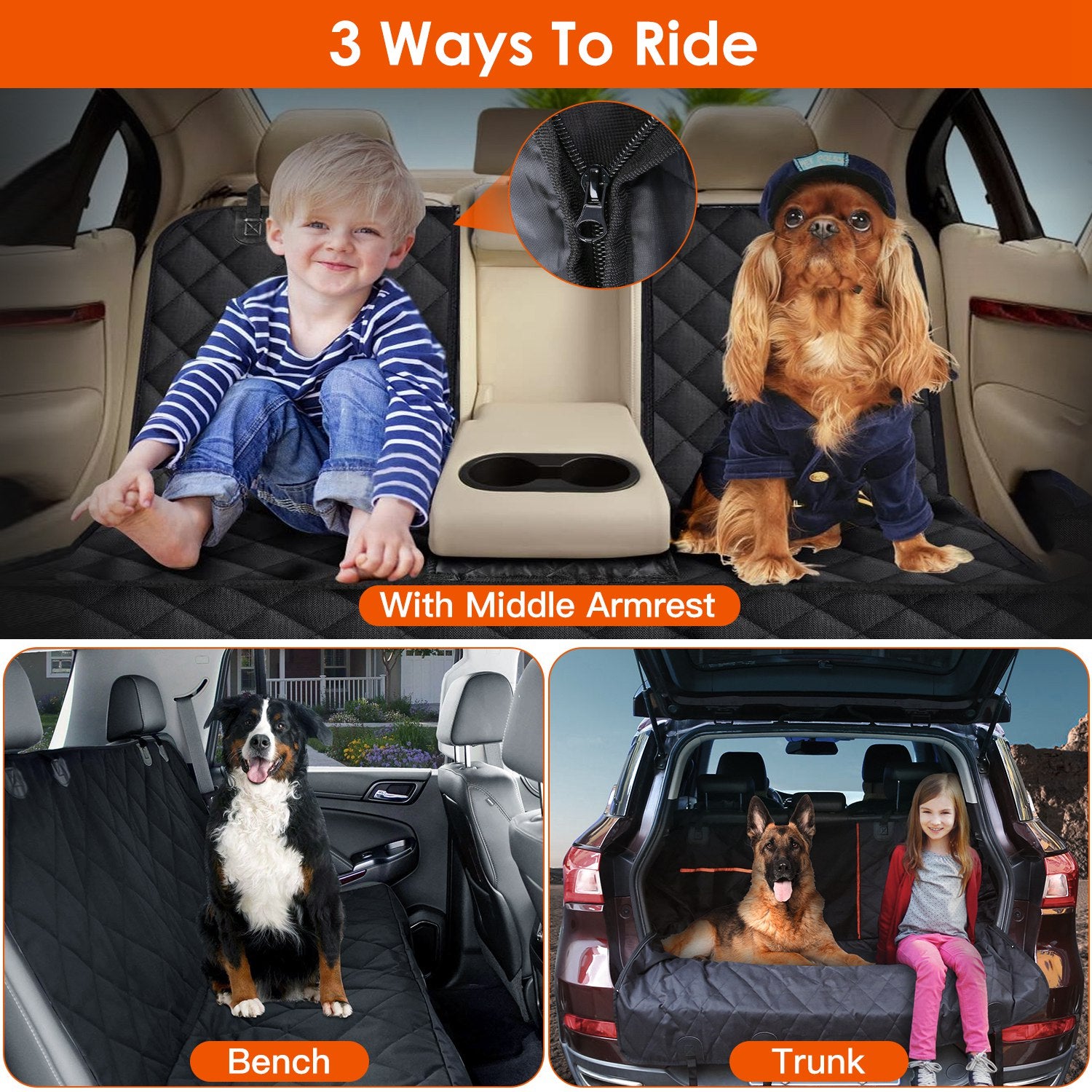 Black dog car seat cover in the back seat with safety opening for a seat belt