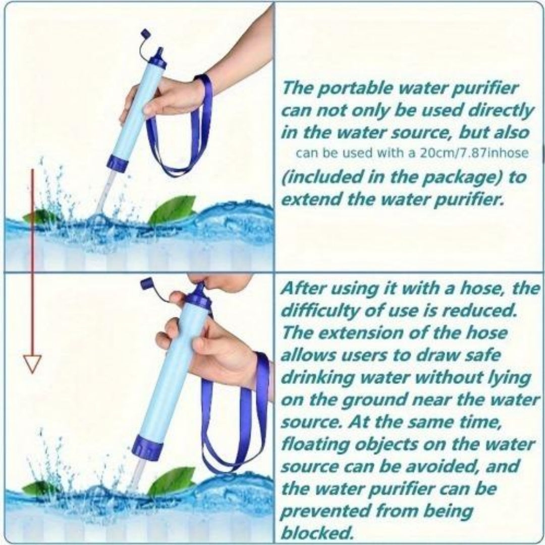 Blue portable water filter with hose used for filtering water from a stream