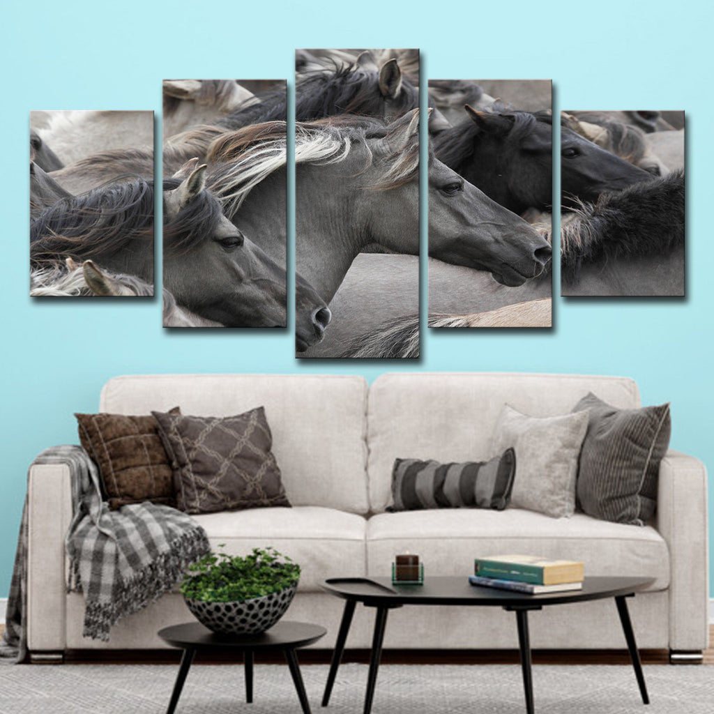 5-piece canvas wall art showing grayscale black horses, five split canvas panels
