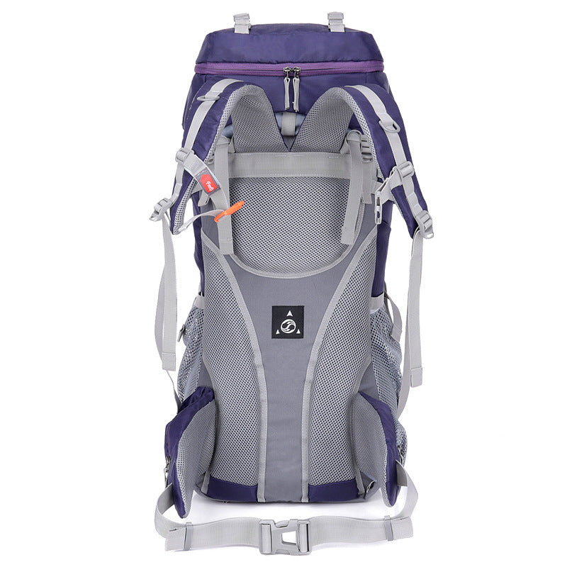 Purple and gray hiking backpack back panel with airflow mesh and adjustable straps