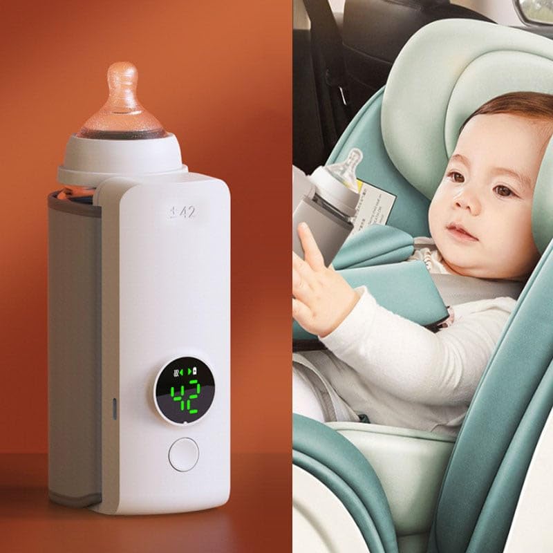 Baby bottle warmer with inserted bottle and illuminated temperature display