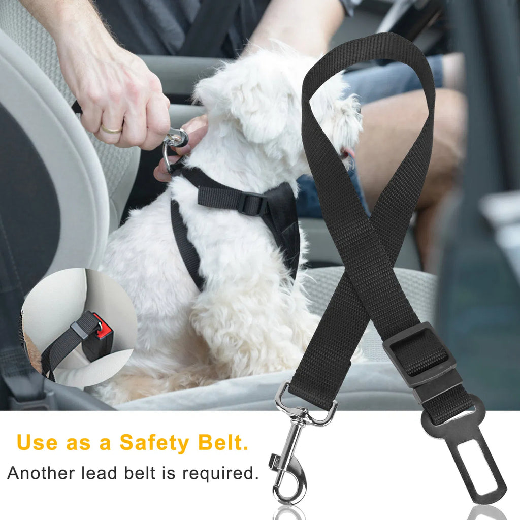 Black adjustable dog seat belt leash harness with metal hook and buckle for car bench