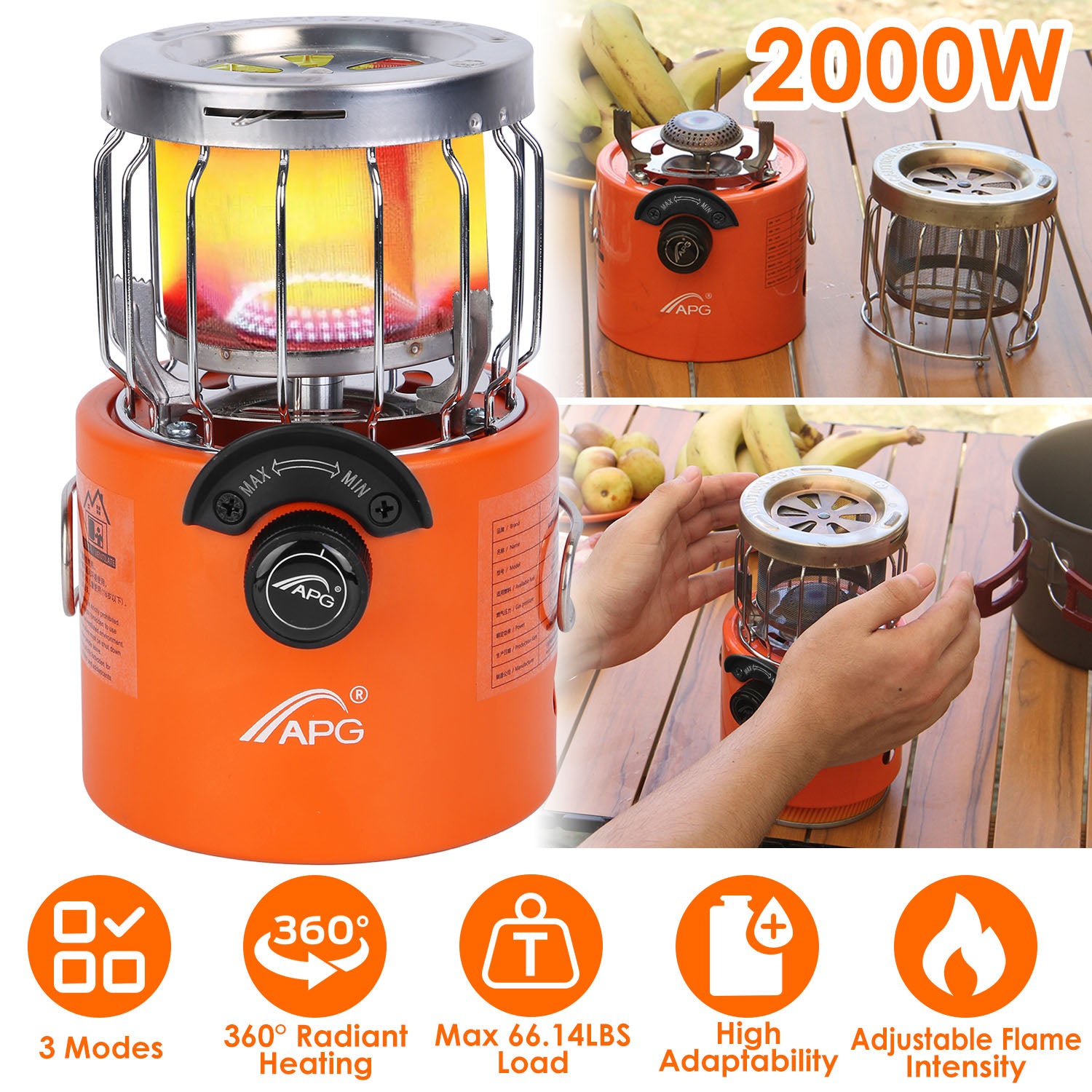 Orange 2-in-1 outdoor gas stove and heater with glowing burner and protective cage