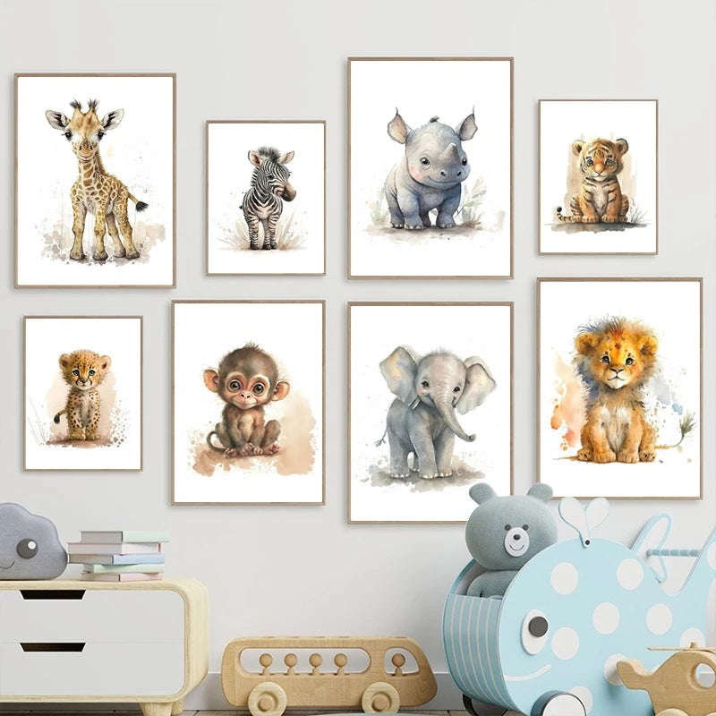Set of framed animal wall art prints with cute giraffe, zebra, rhino, and tiger