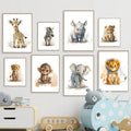 Set of framed animal wall art prints with cute giraffe, zebra, rhino, and tiger