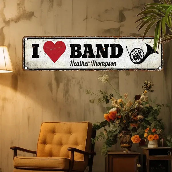 Vintage aluminum wall sign reading 'I ♥ BAND' with 'Heather Thompson' in script