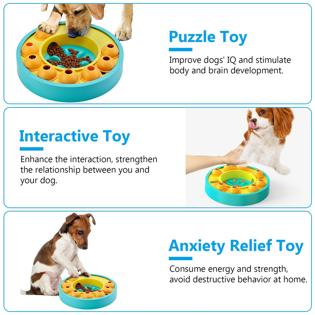 Slow-feeder puzzle dog bowl with yellow rotating treat cups and green center
