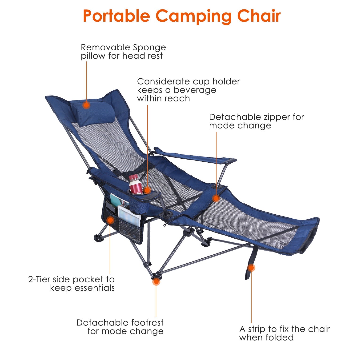 Blue folding recliner chair with removable footrest, side pockets, and cup-holder tray
