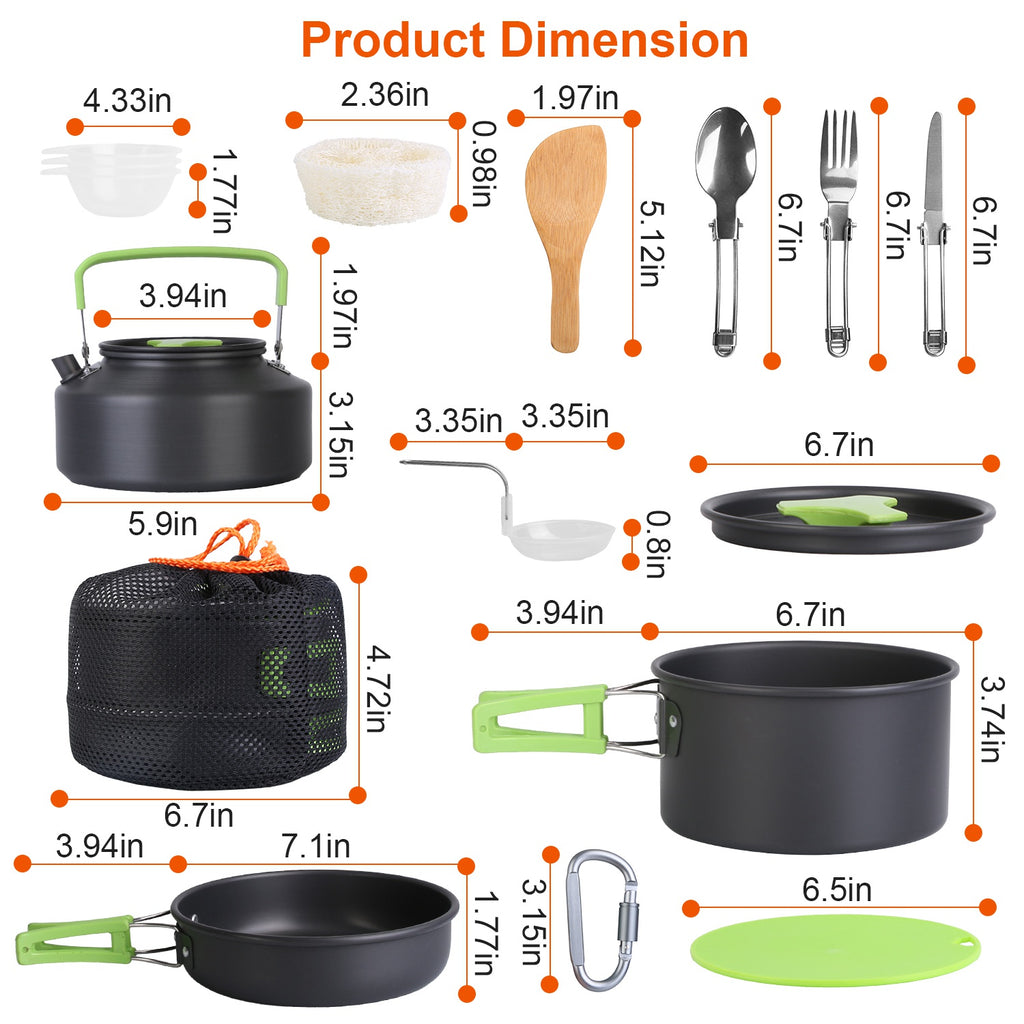 Cookware set size chart showing labeled pots, kettle, pan, bowls, and utensils