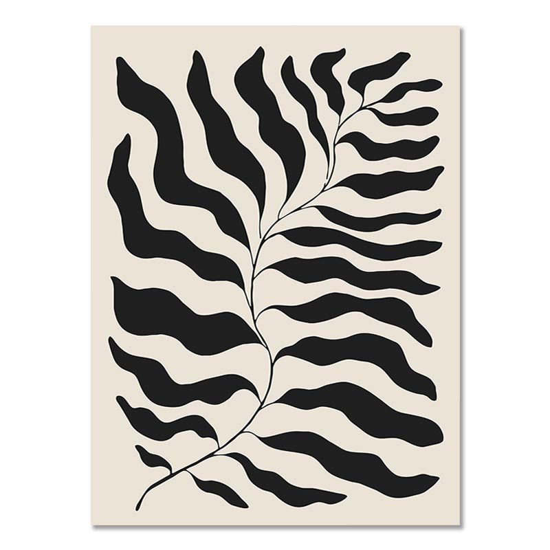 Abstract botanical poster with bold black leaf branches and zebra-like stripe patterns.