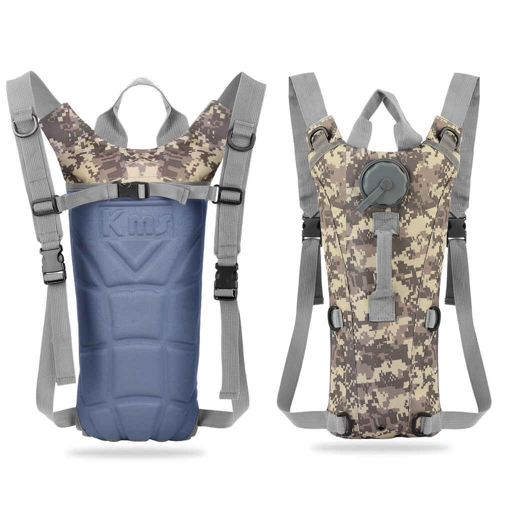 Hydration backpack with digital camo top, blue bladder pocket, and adjustable gray shoulder straps