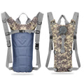 Hydration backpack with digital camo top, blue bladder pocket, and adjustable gray shoulder straps