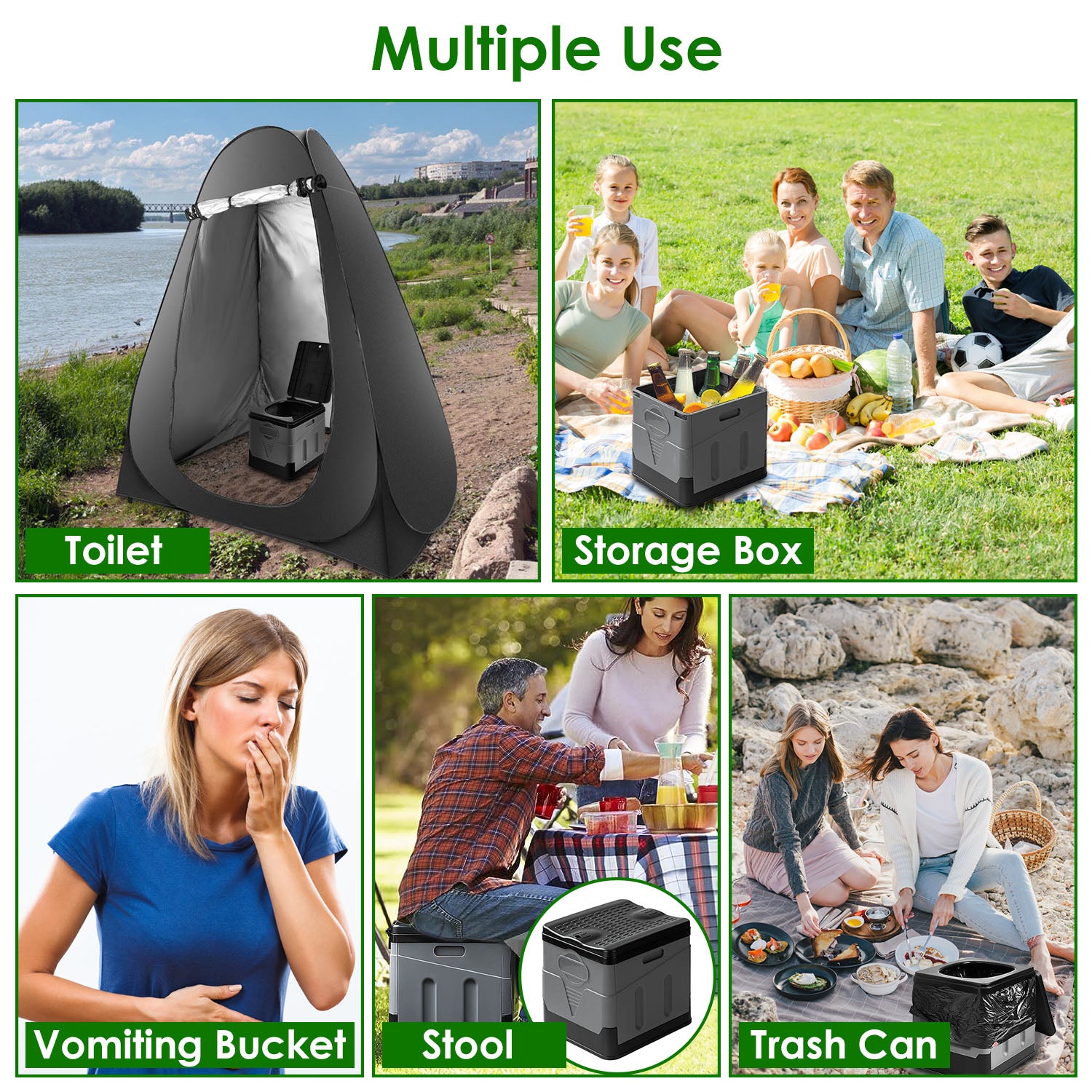 Grey foldable portable toilet with lid and included trash bag liner roll