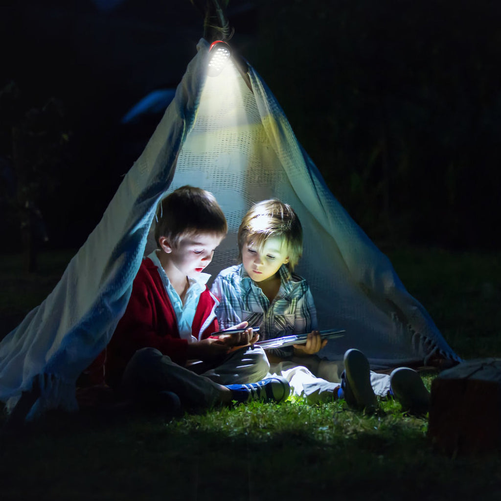 Portable LED work light with hook, beaming white light for camping-style use