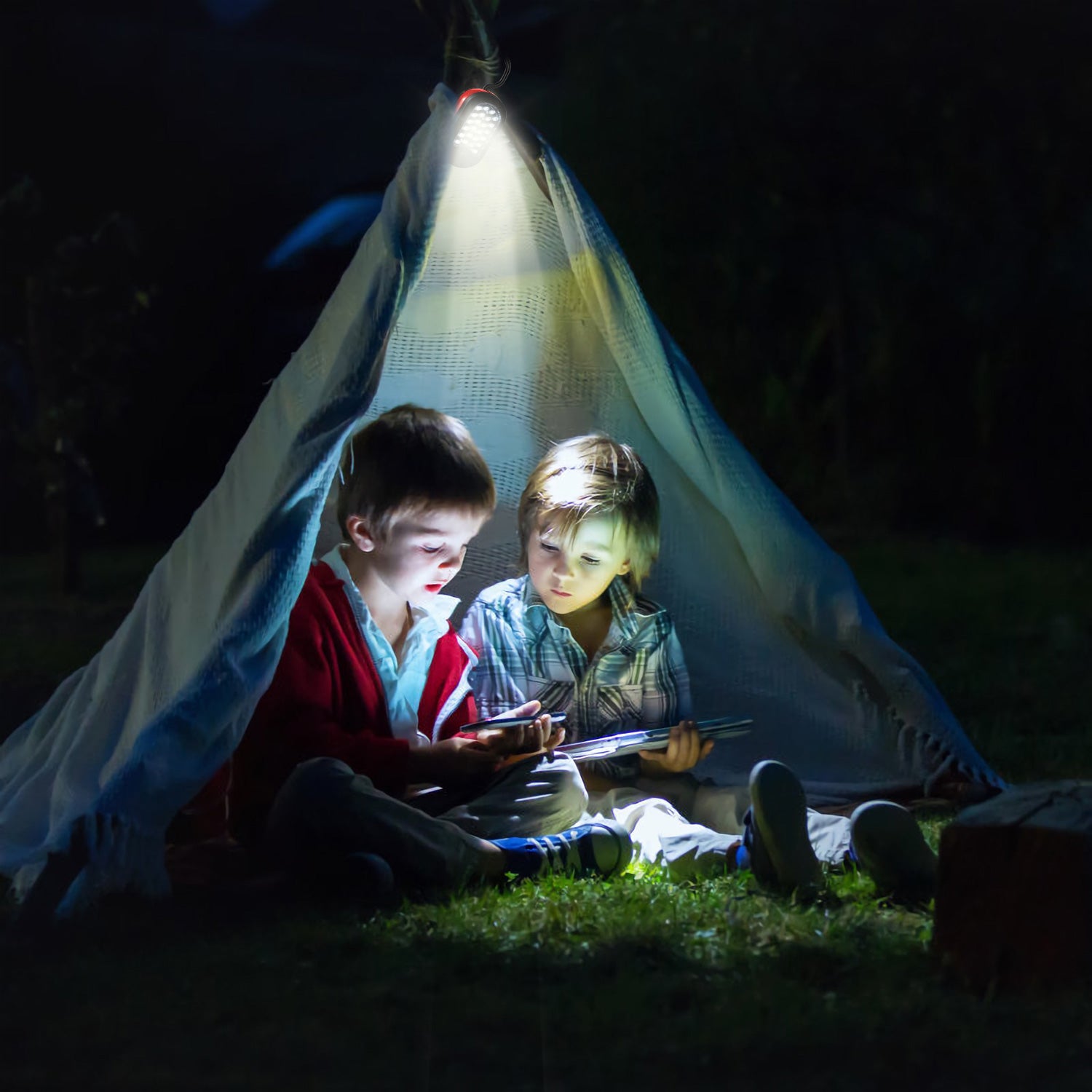 Portable LED work light with hook, beaming white light for camping-style use