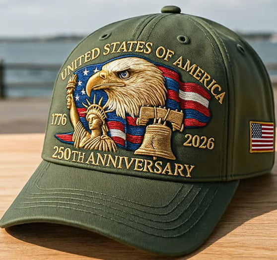 Olive green baseball cap with embroidered eagle and 250th Anniversary, side flag patch