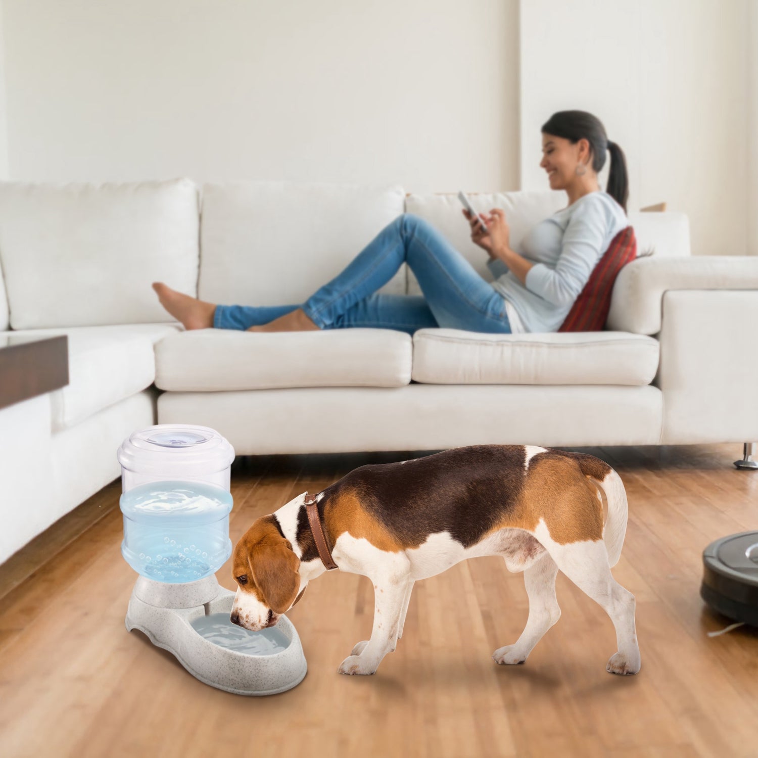 Gravity pet water dispenser with clear reservoir and light gray bowl base