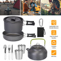 Grey camping cookware set with two pots, kettle, foldable utensils, cups, and carry bag