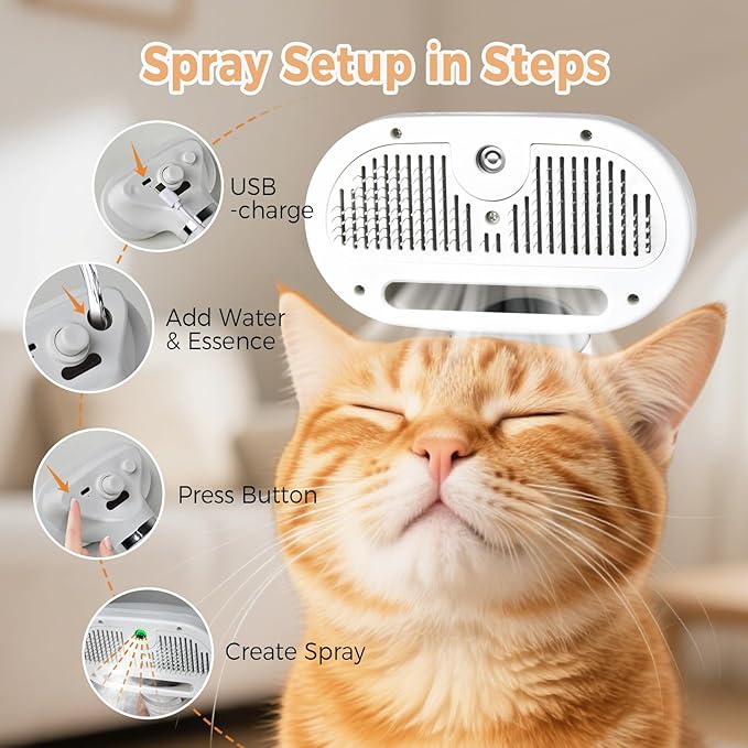 White pet steam spray brush head with spray openings and central button area