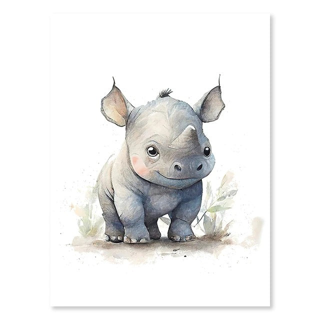 Framed animal wall art print with a cute blue-gray rhinoceros
